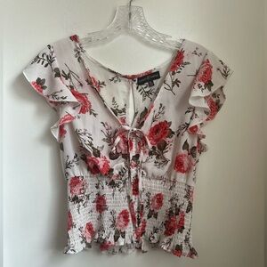 Almost Famous Floral Ruffle Blouse - Pink and White